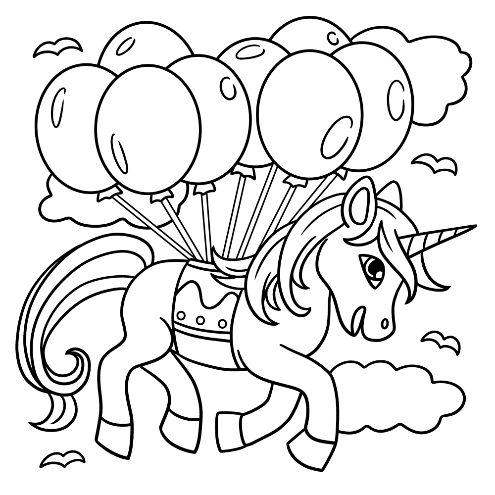 Unicorn flying with balloons