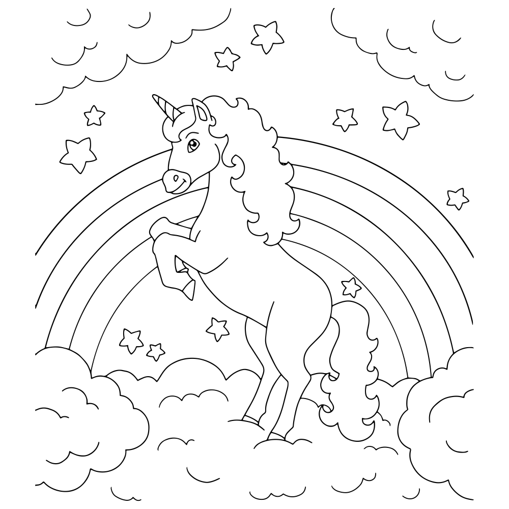 Unicorn rainbow clouds coloring page