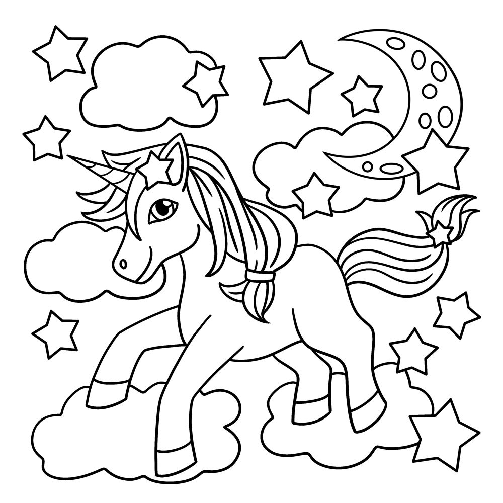 Unicorn running on stars coloring