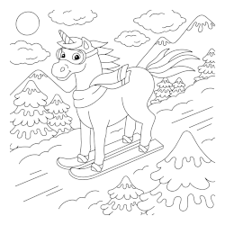 Skiing unicorn coloring page