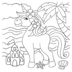 Unicorn beach coloring page