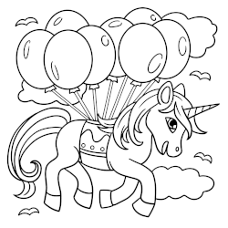 Unicorn flying with balloons